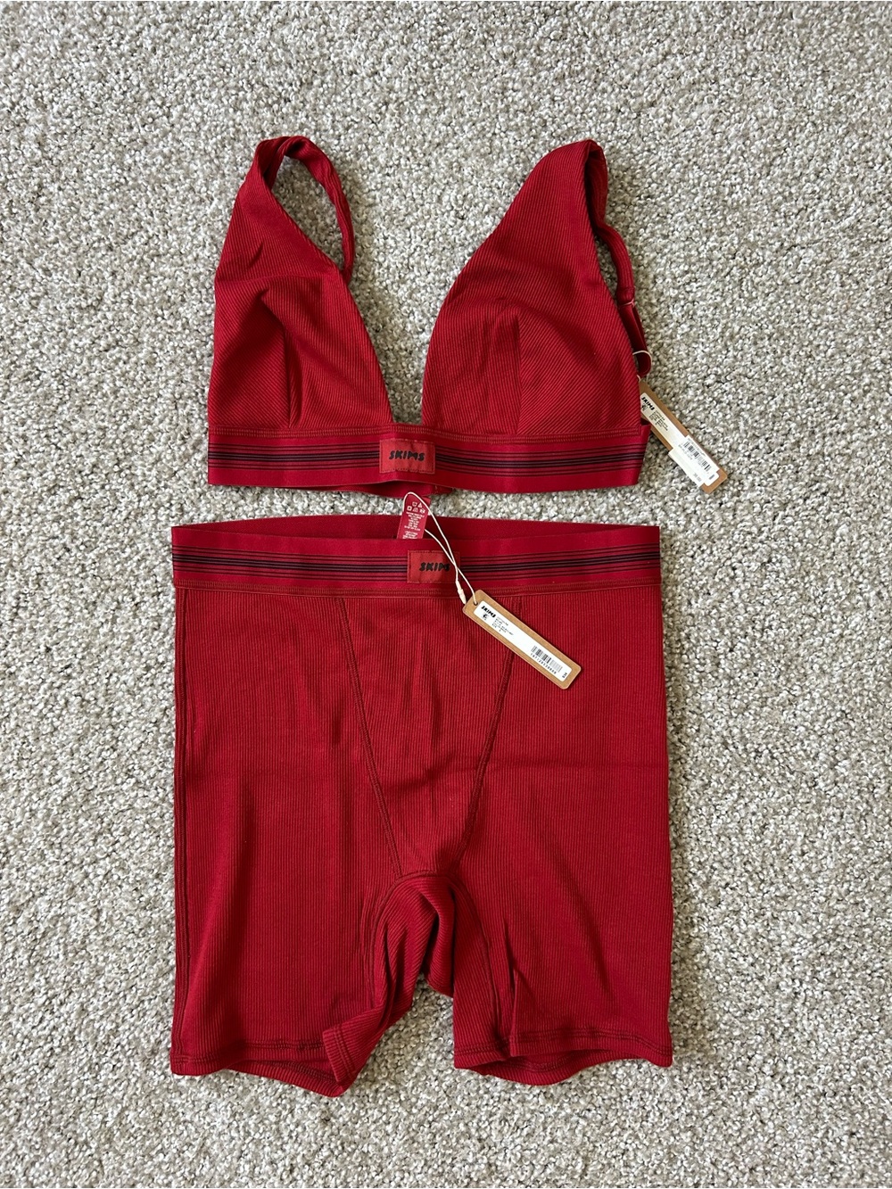Skims Seamless Cotton Rib Bralette (M) & High-Waist Boxer (S) Set in brick